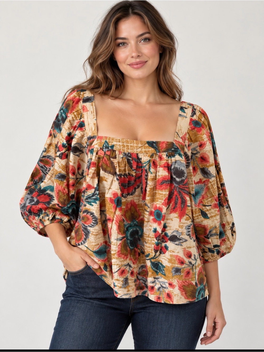Rachel Zoe Multicolor Floral Square-Neck Blouse